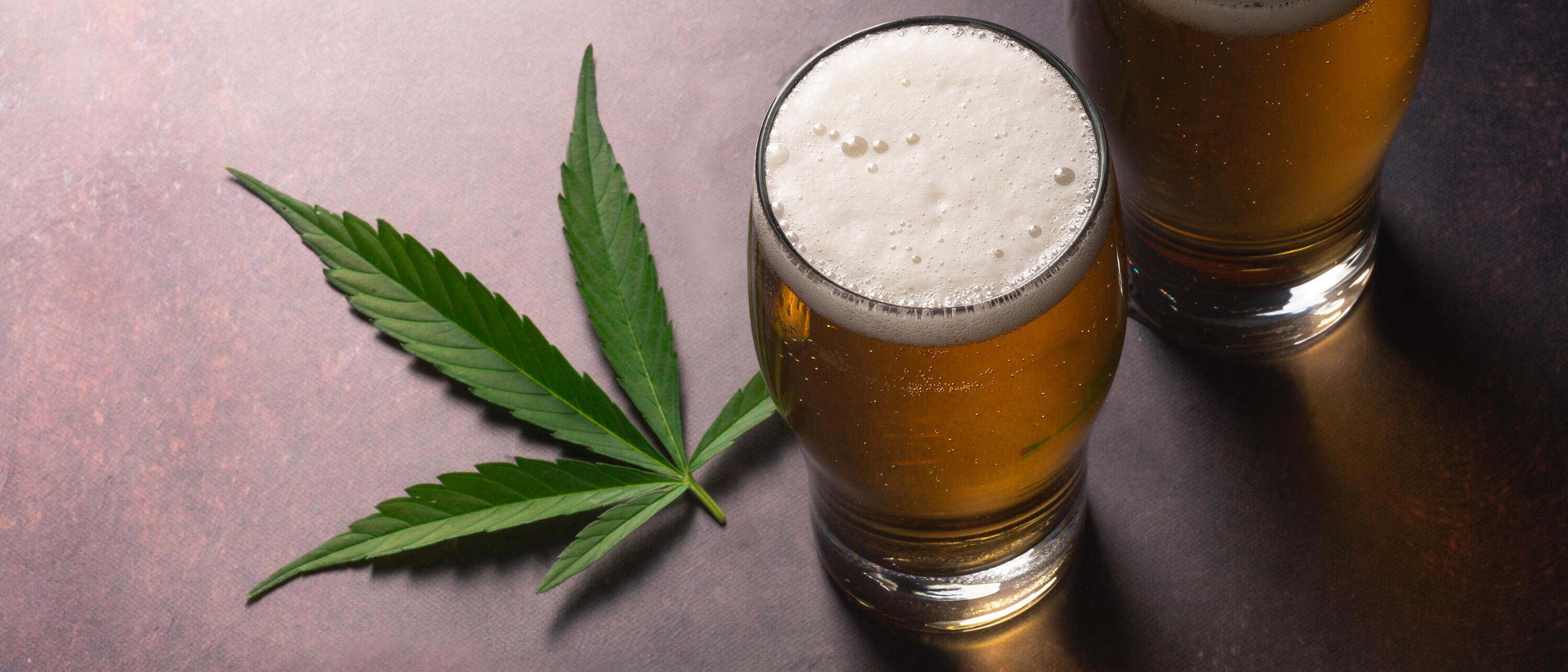 Tisch Cannabisblatt zwei gefüllte Biergläser