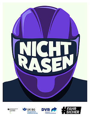 Illustration: Mensch mit Motorradhelm auf dem Visier der Schriftzug: Abstand halten