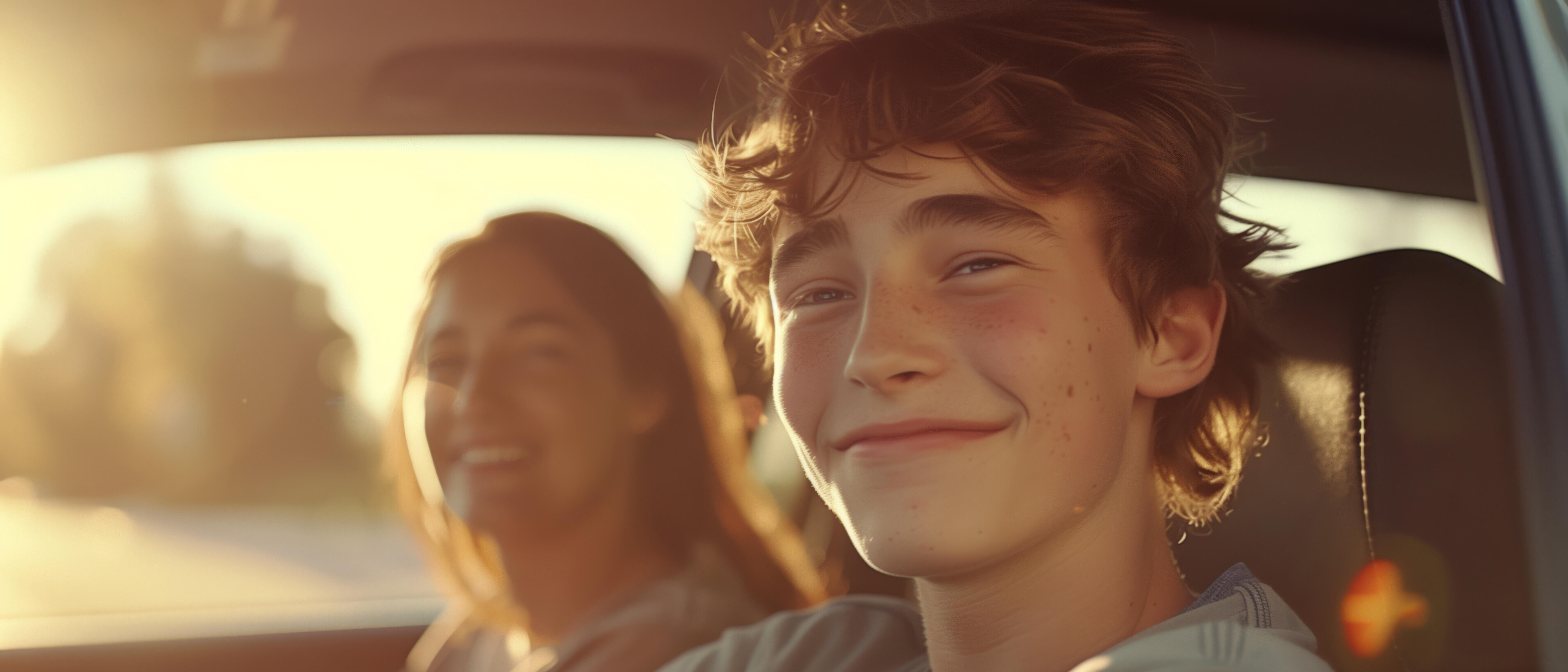  Driving instructor. A happy teenager rides his mom in the passenger seat of a car. Mom teaches her son to drive a car 