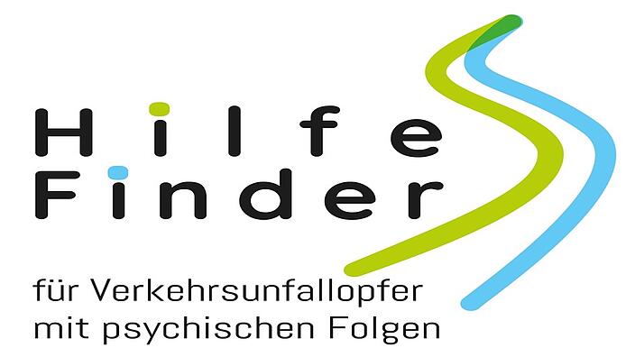 Auf dem Logo der Webseite ist links das Wort Hilfefinder abgebildet, rechts daneben sind zwei kurvige Linien , eine in hellgrün, eine in hellblau. Unter dem Schriftzug steht der "für Verkehrsunfallopfer mit psychischen Folgen".