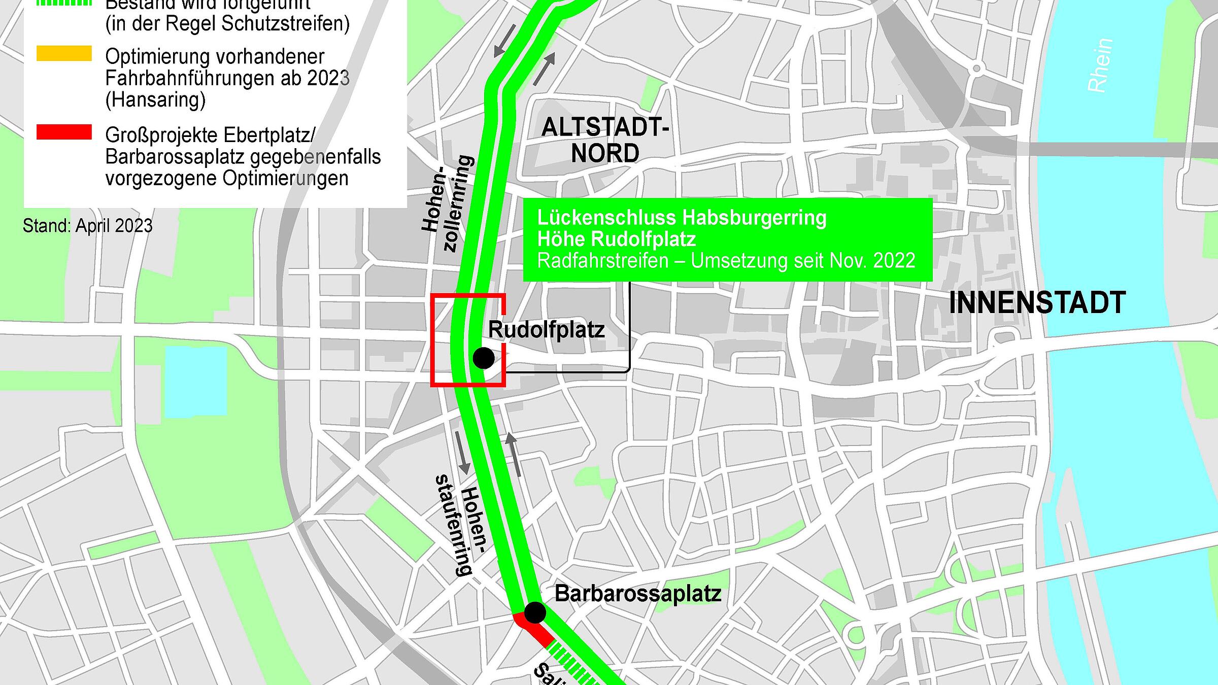 Kartenausschnitt aus dem hervorgeht: Umsetzungsstand der Radverkehrsführung auf den Ringen Mitte 2023: Die 2017 bis 2019 geplanten Maßnahmen sind weitgehend umgesetzt. Der Radfahrstreifen am Barbarossaplatz (rot) wird 2024 umgesetzt. Im Bereich des Großprojektes Ebert-platz (gelb und rot markierte Abschnitte) wurden bestehende Radverkehrsanlagen lediglich vorläufig optimiert.