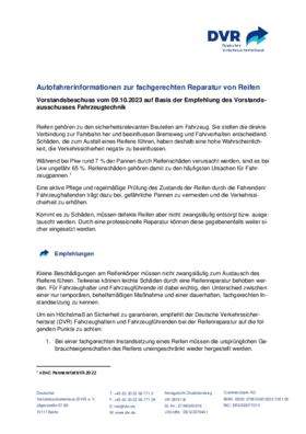 Vorschaubild der PDF-Datei Vorstandsbeschluss: Autofahrerinformationen zur fachgerechten Reparatur von Reifen