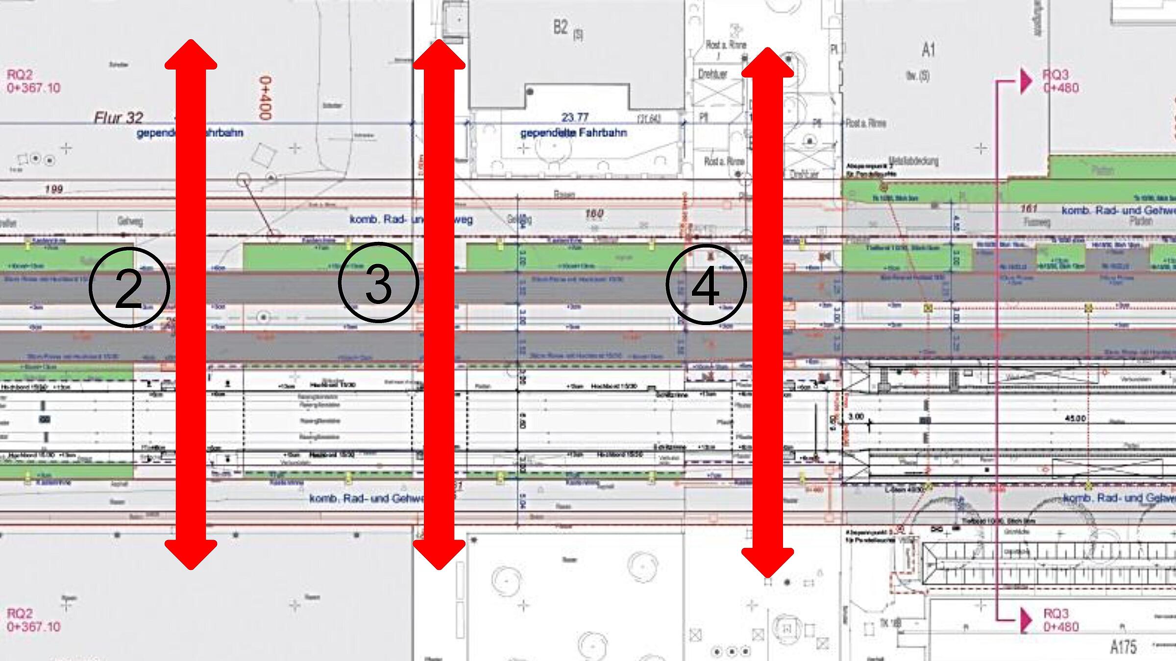 Planungsprinzip für gesicherte Querungsstellen: Erweiterung von einer (vorher) auf heute fünf Übergänge mit Bündelung des Querungsangebotes im Bereich der Hauptzugänge auf das Werksgelände der Fa. Merck (Nr. 1 bis 4) sowie Ergänzung des Hauptzugangs zur Straßenbahnhaltestelle (Nr. 4) um einen weiteren gesicherten Zugang an deren nördlichem Ende (Nr. 5)