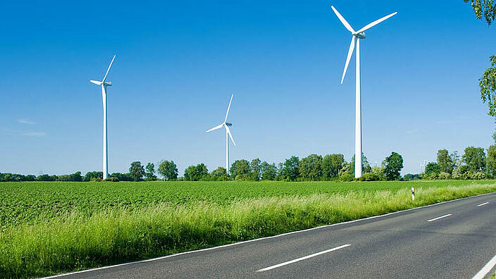 Straße zwischen einem grünen Feld und Büschen. Auf dem Feld stehen Windräder.