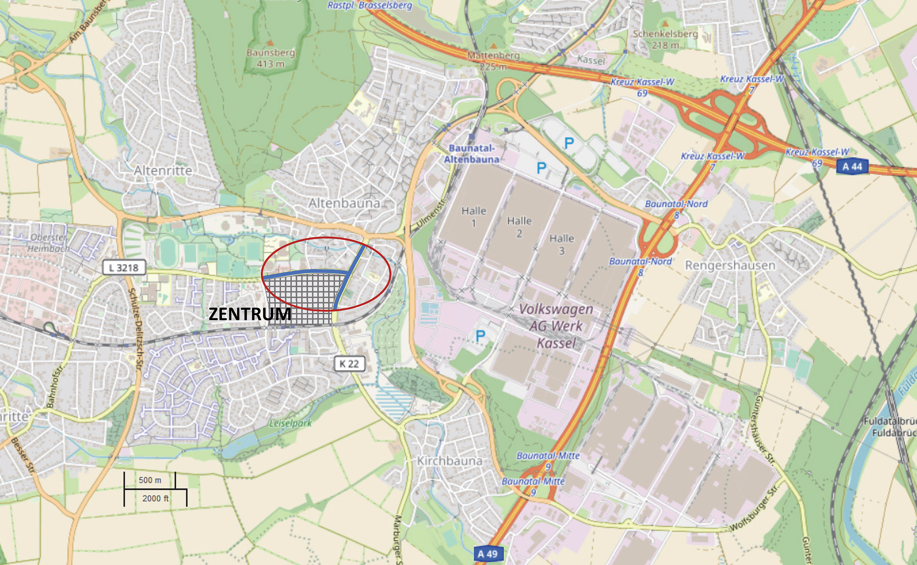 Bild 2: Lage im Straßennetz: T-förmiger Hauptverkehrsstraßenzug mit zentraler Funktion für die Erschließung des innerstädtischen Geschäftszentrums von Baunatal