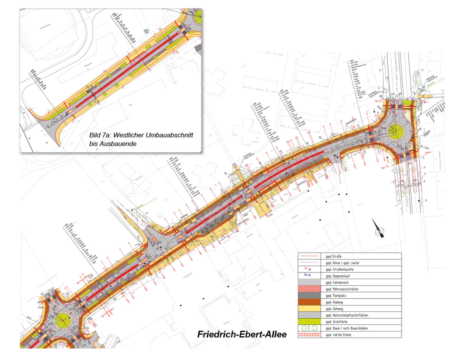 Bild 7: Lageplan der neu gestalteten Friedrich-Ebert-Allee: die Reduktion auf zwei Fahrstreifen und der Bau von Kreisverkehrsplätzen führen zu deutlich verringerten Fahrbahnflächen zugunsten durchgängig breiter Radwege und Gehwege bzw. Seitenräume sowie erheblich kürzeren Überquerungswegen für Zufußgehende – wesentliche Gestaltungsprinzipien werden auch für die beiden anderen, anschließend umgestalteten Hauptverkehrsstraßen angewandt (siehe Bilder 8 und 9)