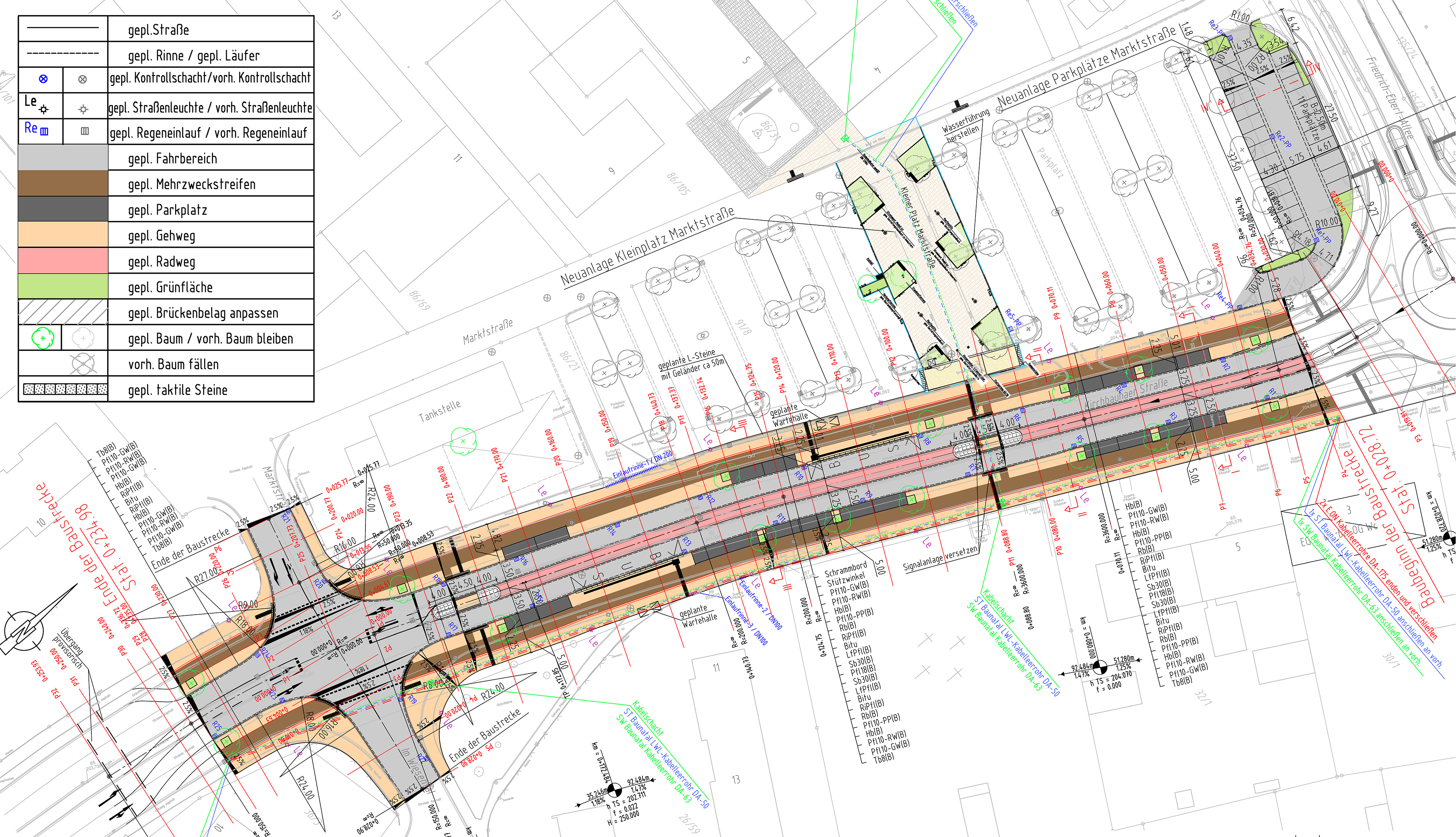 Bild 8: Lagepläne der neu gestalteten Kirchbaunaer Straße: vergleichbarer Gestaltungsansatz wie in der zuerst fertiggestellten Friedrich-Ebert-Allee (vgl. Bild 7)