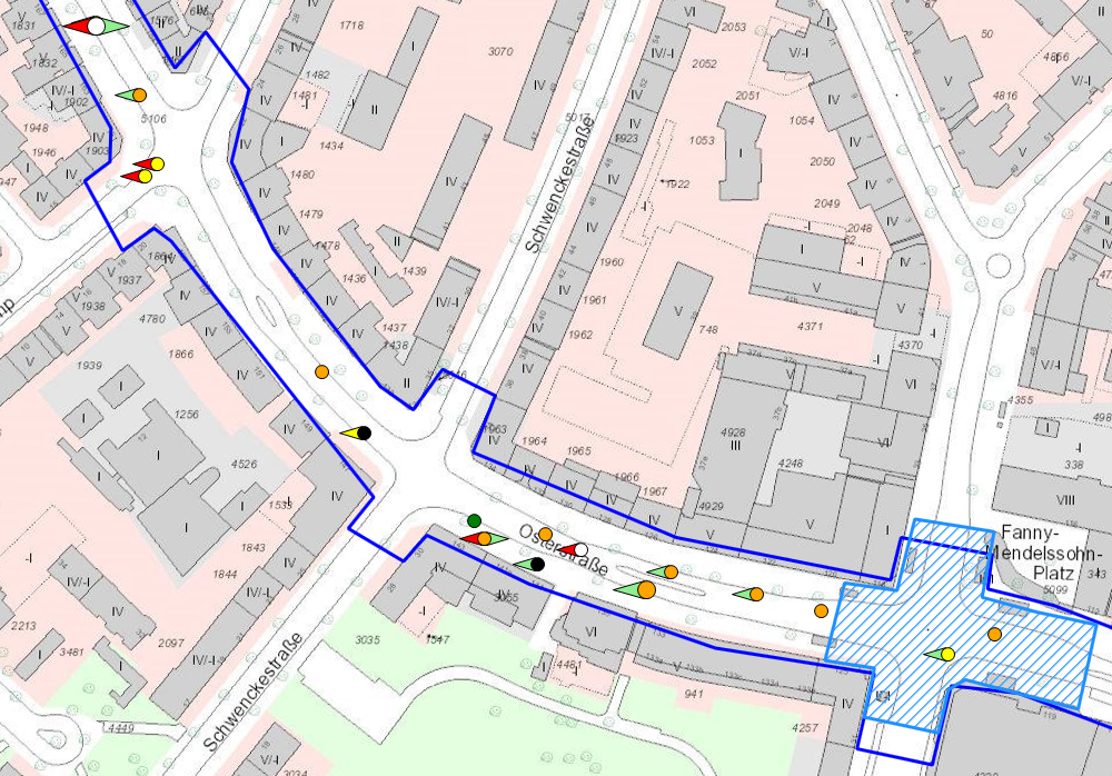 Bild 59b: Unfallgeschehen in der umgestalteten Osterstraße 2018 bis 2021 – hier nördlicher Abschnitt Methfesselstraße / Heußweg: häufigere Unfälle mit Personenschaden im Minikreisel an der Methfesselstraße und im stark frequentierten Einkaufsbereich zwischen Schwenckestraße und Heußweg, ansonsten unauffällige Unfallverteilung