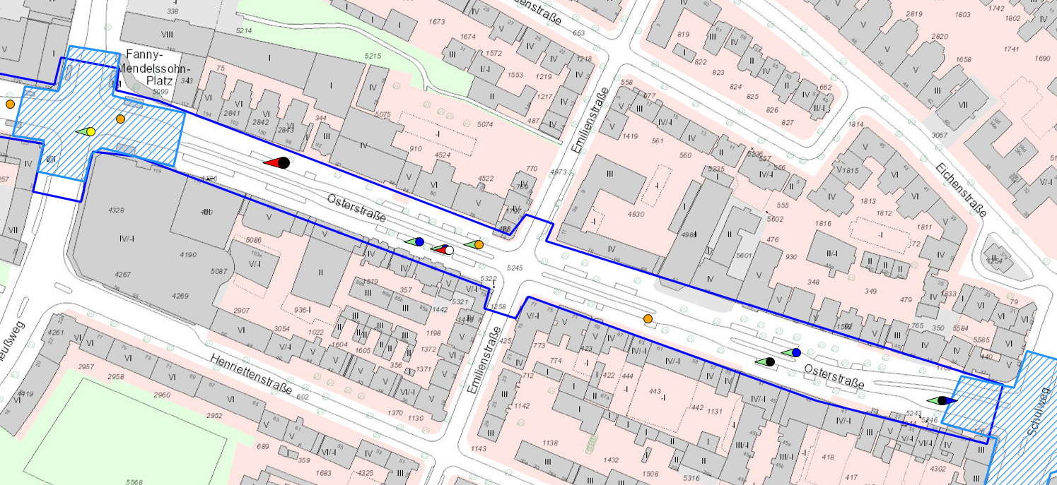 Bild 60: Unfallgeschehen in der umgestalteten Osterstraße 2018 bis 2021 – hier südlicher Abschnitt Heußweg / Schulweg: nur wenige Unfälle mit Personenschaden mit zufälliger Verteilung über den gesamten Abschnitt und weitgehend unfallfreien Knotenpunkten (Knotenpunkt Osterstraße / Schulweg ist hier ausgespart, da außerhalb der Umbaumaßnahmen liegend)