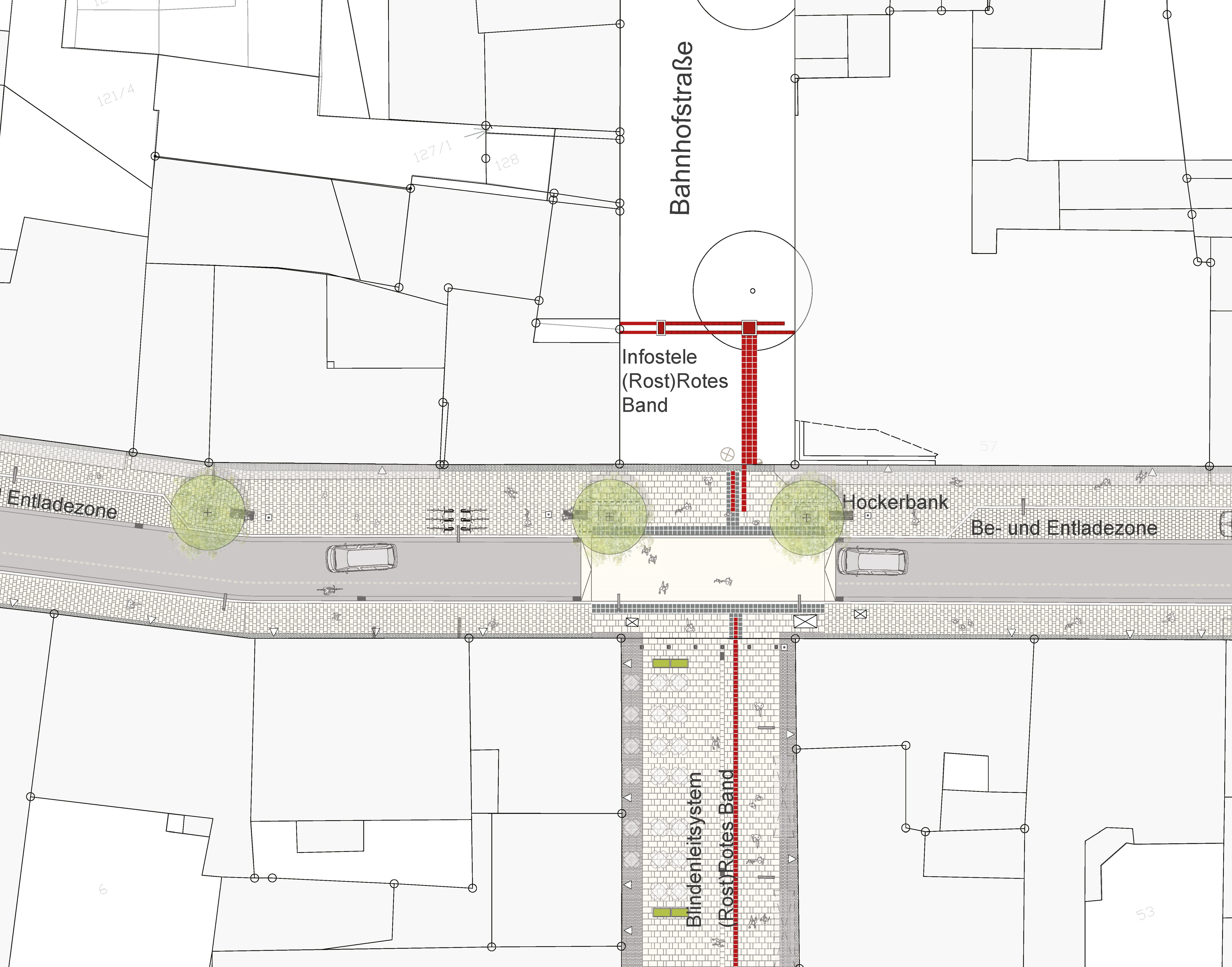 Bild 19: Kreuzung von Grabenstraße und Bahnhofstraße: Shared Space-ähnliche Situation durch lange Teilaufpflasterung der Grabenstraße zur Verdeutlichung der quer verlaufenden Fußverkehrsachse zwischen Altstadt und Neumarkt