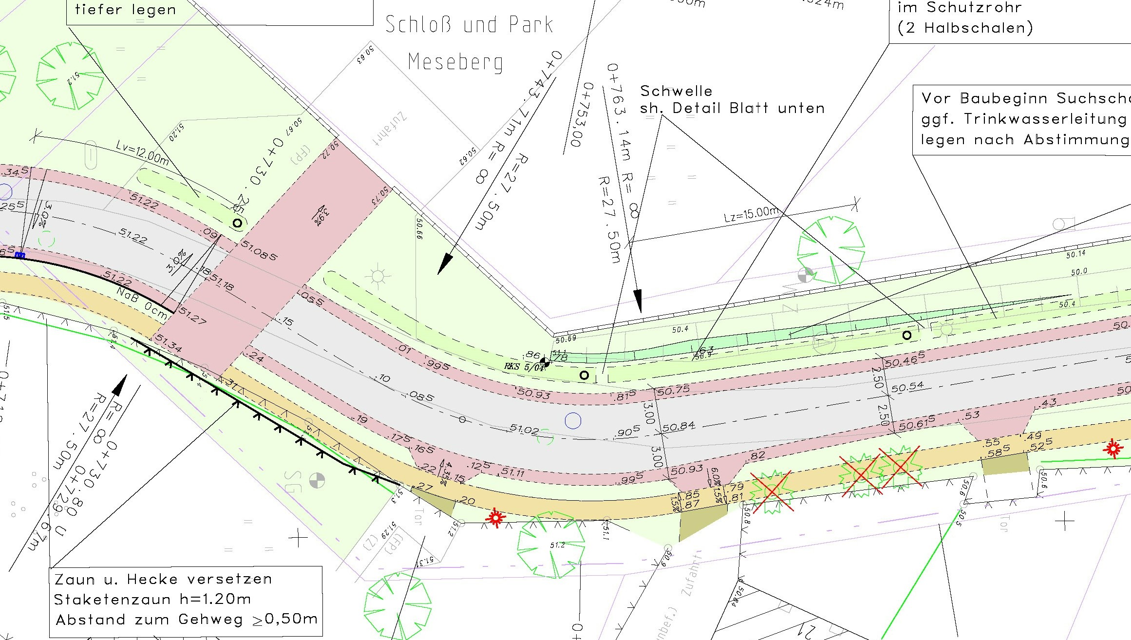 Bild 16: Belagswechsel im Ausführungsplan: Betonung von besonderen Adressen (hier links: Schloss Meseberg) und Kennzeichnung von normalen Grundstückszufahrten