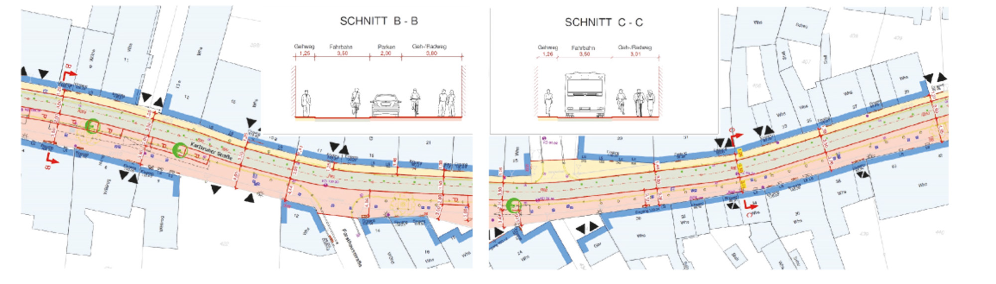 Bild 19: Umsetzungsbeispiel Karlsruher Straße: Einbahnstraße mit asymmetrischem Straßenquerschnitt, unmittelbar südlich am Schlossplatz beginnend, ähnlich diesem mit hellen Oberflächenbelägen in den Seitenräumen gestaltet und als „Verkehrsberuhigter Geschäftsbereich“ (StVO-Zeichen 374) mit Tempo 20 ausgewiesen – hier: Auszüge aus dem Übersichtslageplan der Ausführungsplanung von BIT Ingenieure AG, Karlsruhe / EILING Ingenieure GmbH, Heidelberg