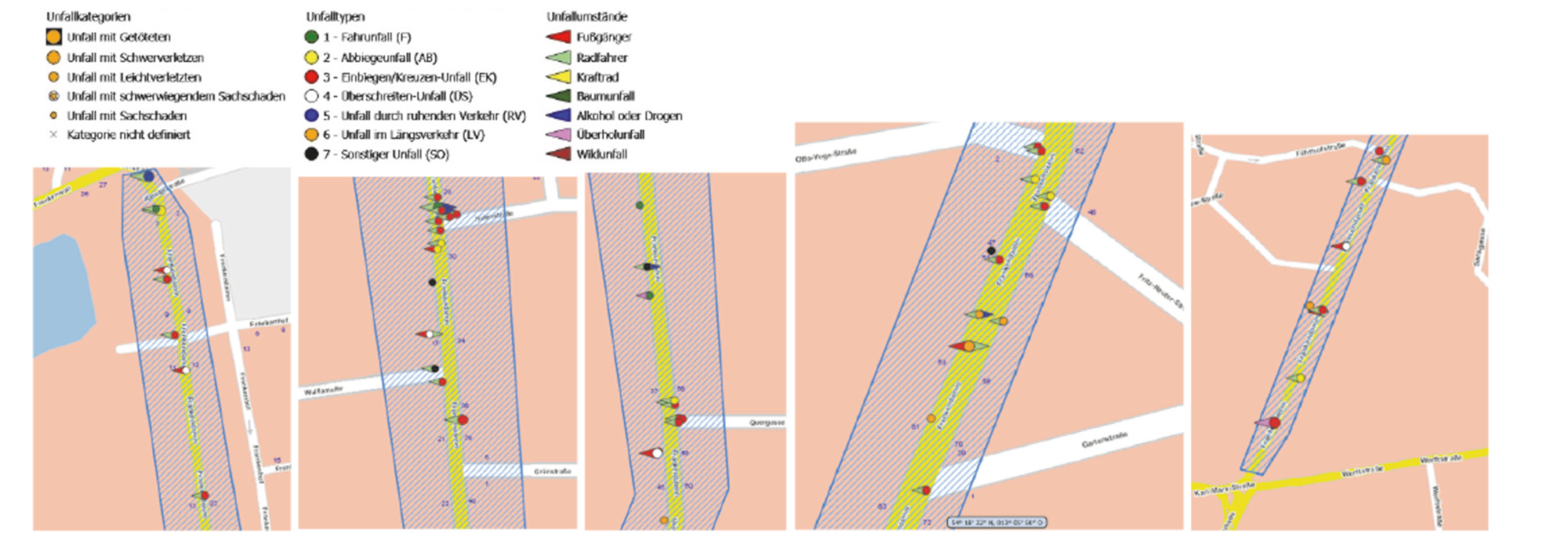 Bild 27: Unfallgeschehen nach der Umgestaltung: Der Auszug aus der Elektronischen Unfalltypenkarte (EUSKa) mit allen Unfällen mit Personenschaden aus acht Kalenderjahren von 2014 bis 2021 (unterteilt von Norden ganz links nach Süden ganz rechts) weist eine relativ gleichmäßige Verteilung der Unfallorte über die gesamte umgebaute Strecke auf – deutlich herausgehoben ist allerdings die Einmündung Frankendamm / Hafenstraße mit einer Häufung von Unfällen über die acht Jahre. Mehrheitlich handelt es sich um Radverkehrsunfälle