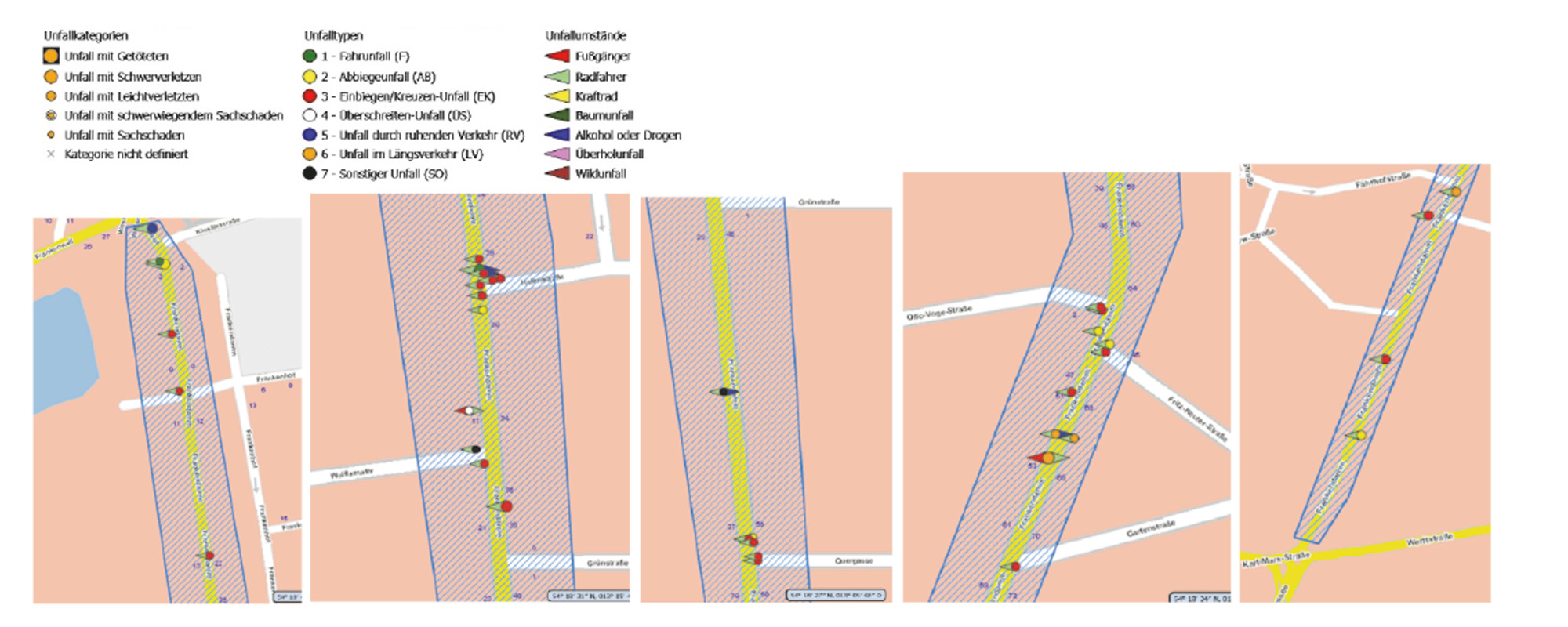 Unfallgeschehen im Radverkehr nach der Umgestaltung: Der Auszug aus EUSKa mit ausschließlich Radverkehrsunfällen mit Personenschaden aus acht Kalenderjahren von 2014 bis 2021 ergibt ein vergleichbares Bild wie bei allen Unfällen, nochmals deutlicher wird jedoch der Zusammenhang mit Kreuzungen und Einmündungen